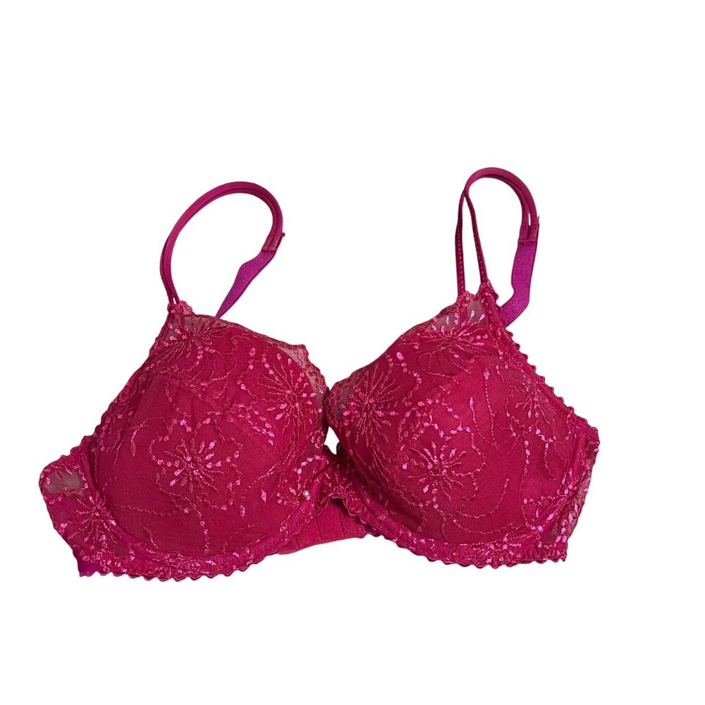 Marie Jo Fuchsia Lace Bow Pearl Lightly Padded Bra Womens Size UK 32 D